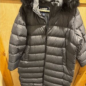 Lands' End Charcoal Puffer Jacket with Faux Fur Hood